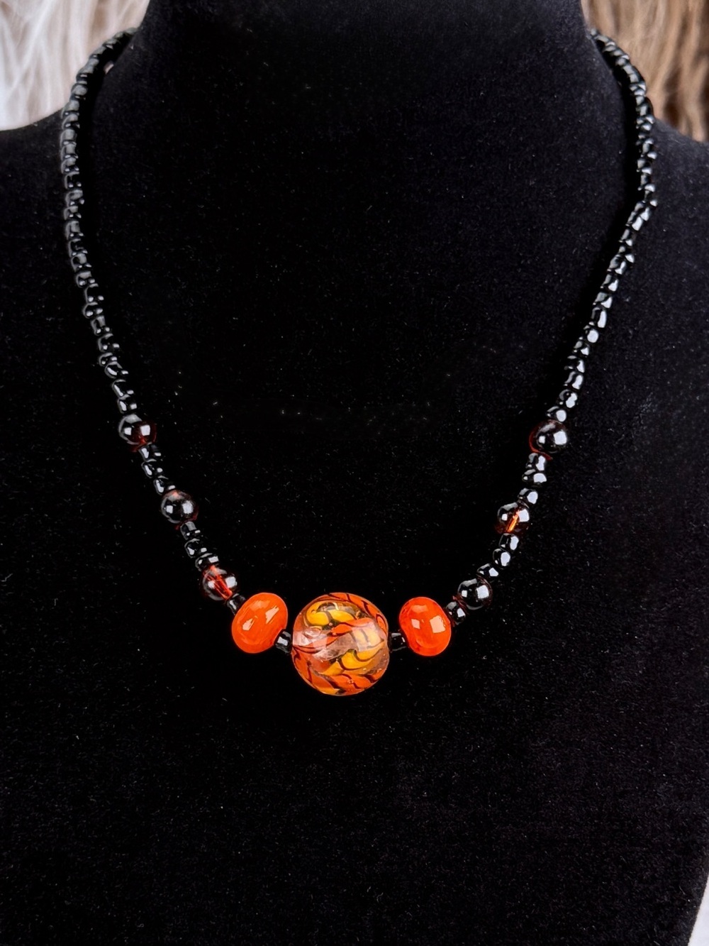 Vintage Art Glass Style Beaded Necklace Orange Black Statement Necklace